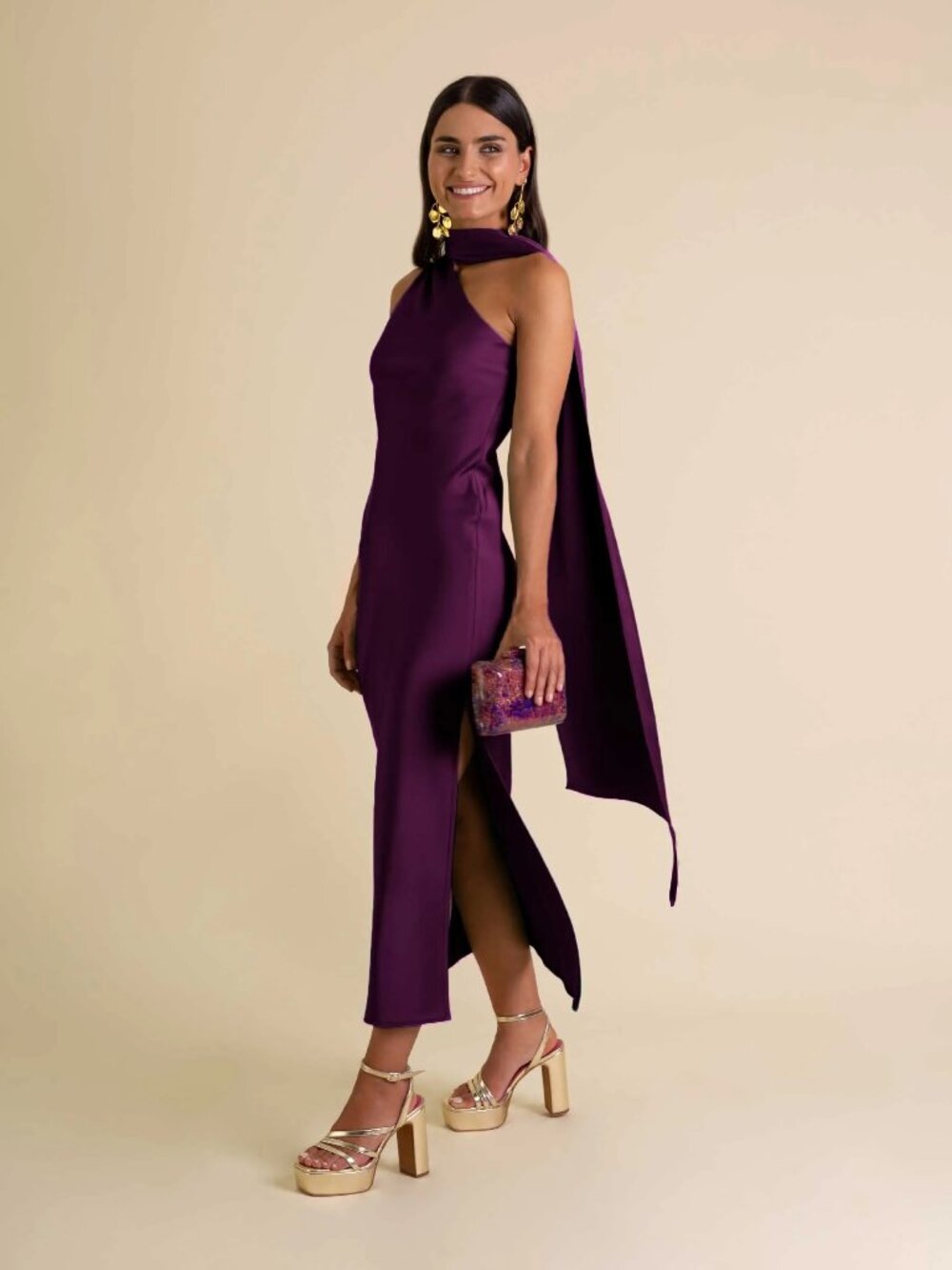 One Shoulder Tie-Neck Midi Dress